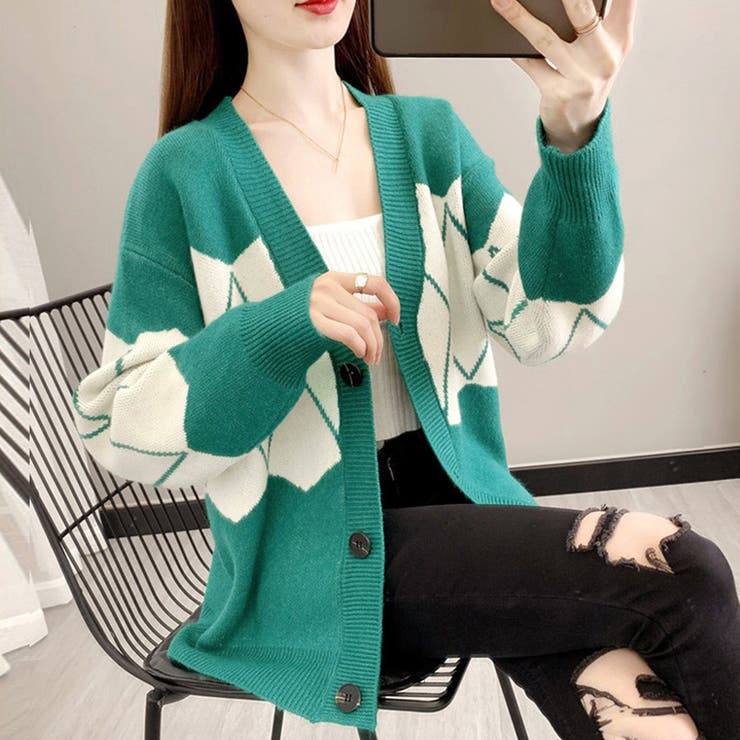 ブルーグリーン | ニットカーディガン レトロ体型カバー秋冬 | Miniministore