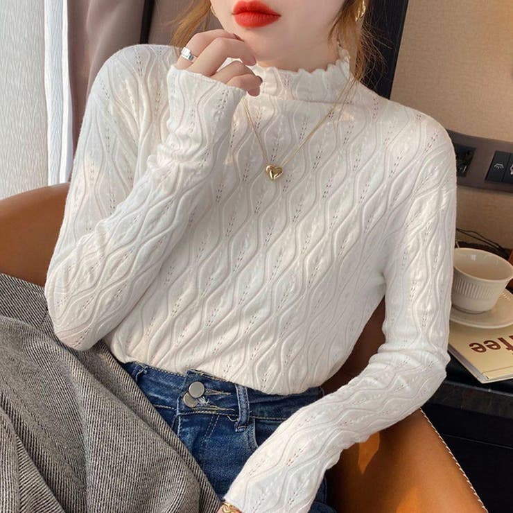 ホワイト | ニットトップス 秋冬プチハイネック 長袖 | Miniministore