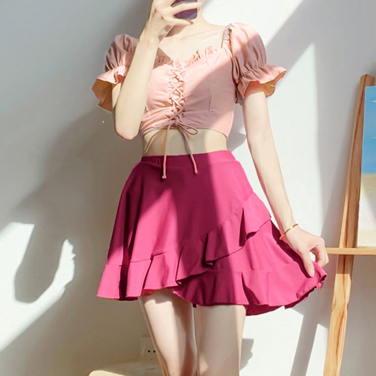 ■新品■PINK(ピンク)シャインショルダーラッフルビキニセット XSorS □新品□PINK(ピンク)シャインショルダーラッフルビキニセット XSorS
