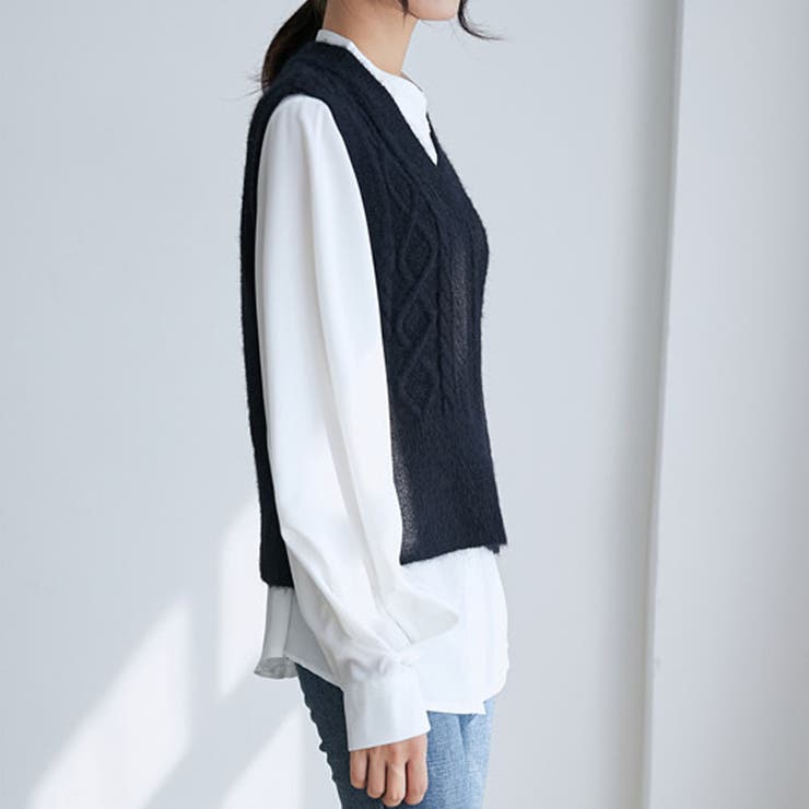 アイボリーウールケーブルニットベスト Ivory Wool Cable Knit