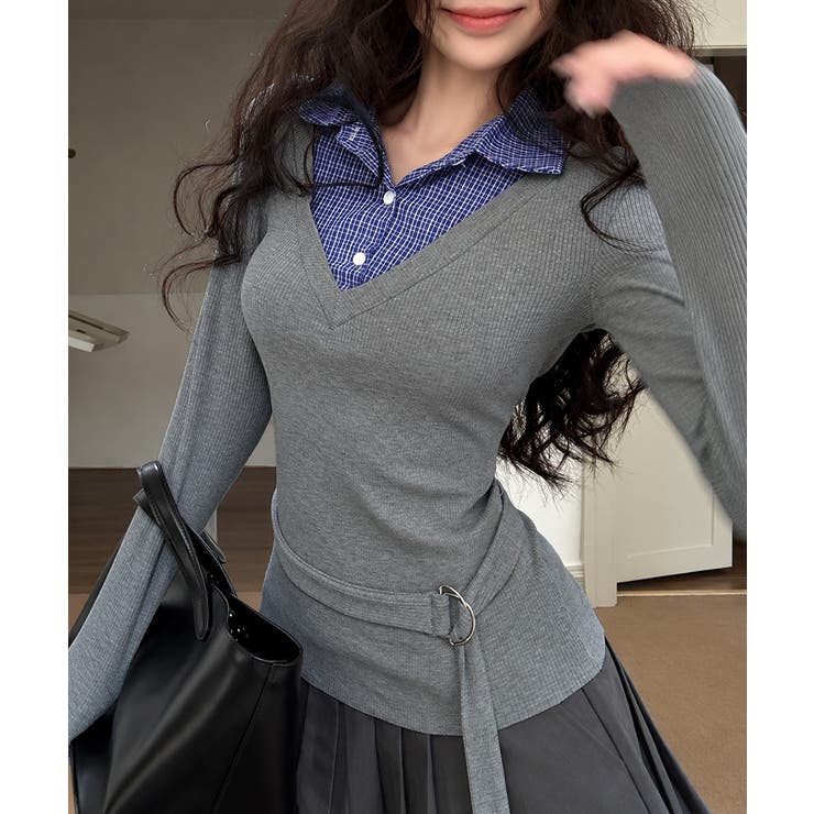 細身タイトTシャツ配色襟ドッキング ウエストベルト付きカットソー長袖きれいめカジ… | SUNSHINE CLOSET | 詳細画像4 