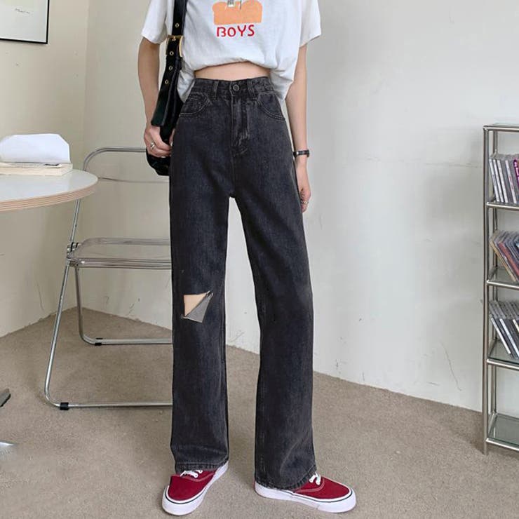 クラッシュ デニムパンツ 韓国 股上深め | Miniministore | 詳細画像5 