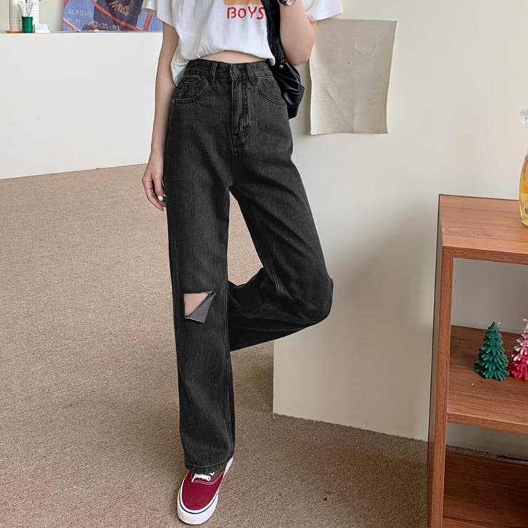クラッシュ デニムパンツ 韓国 股上深め | Miniministore | 詳細画像7 