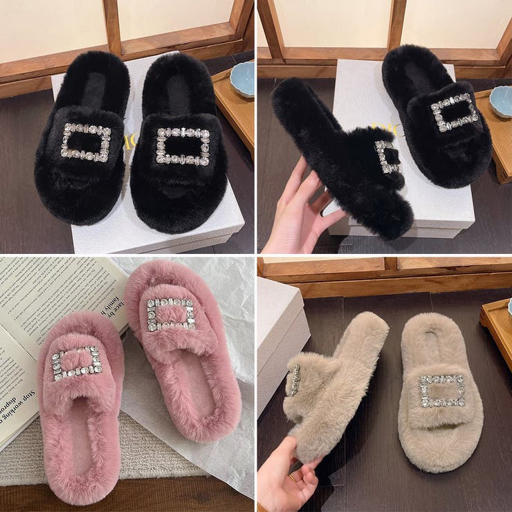 ファーサンダル レディースサンダル ミュール ぺたんこ スリッパ 韓国