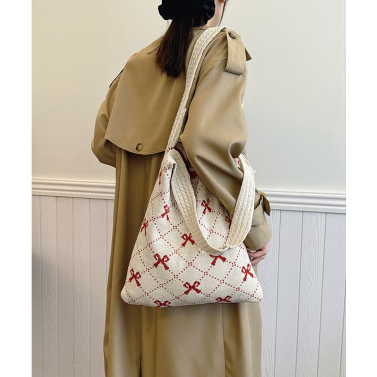 ニットトートバッグ リボン柄ニット編み鞄 | Miniministore | 詳細画像2 