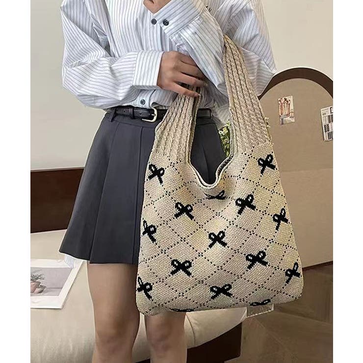 ニットトートバッグ リボン柄ニット編み鞄[品番:II000011820 ニットトートバッグ リボン柄ニット編み鞄[品番:II000011820