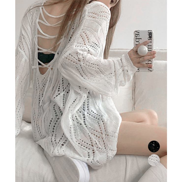 透かし編み ニットトップス レースアップ | Miniministore | 詳細画像1 