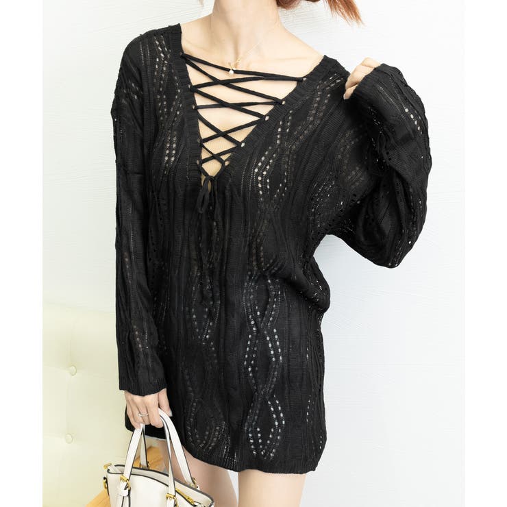 透かし編み ニットトップス レースアップ | Miniministore | 詳細画像14 