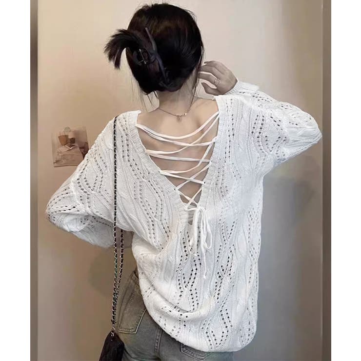 透かし編み ニットトップス レースアップ | Miniministore | 詳細画像6 