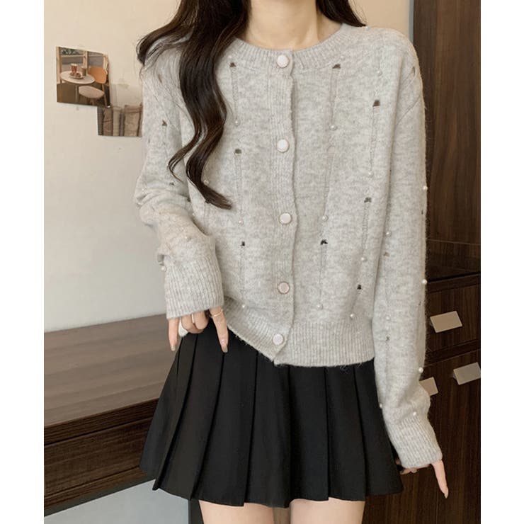 パール付き ニットカーディガン大人可愛い[品番：II000013039