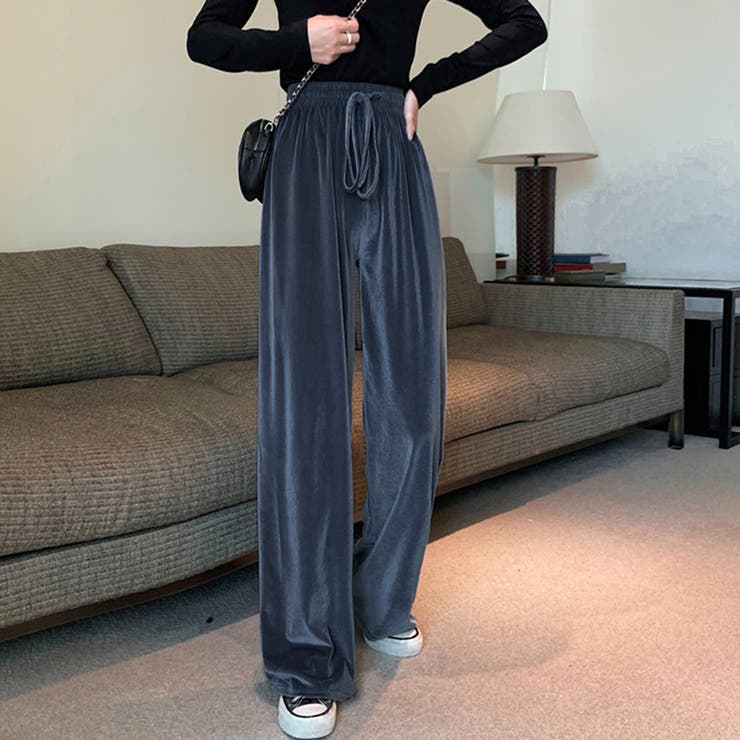 ベロアワイドパンツ レディース ハイウエストガウチョパンツ[品番