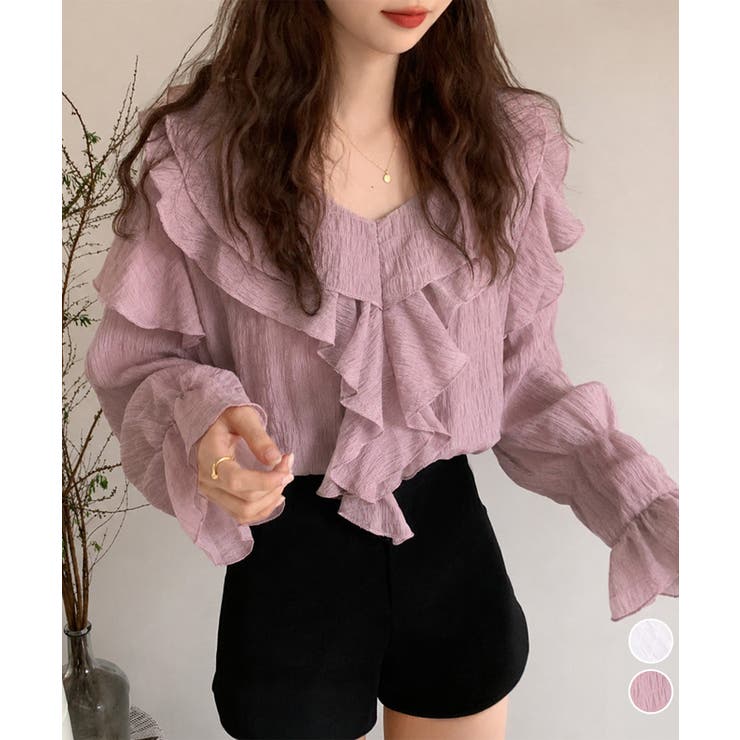フリルブラウスVネックシアーシャツ韓国風 | Miniministore | 詳細画像1 