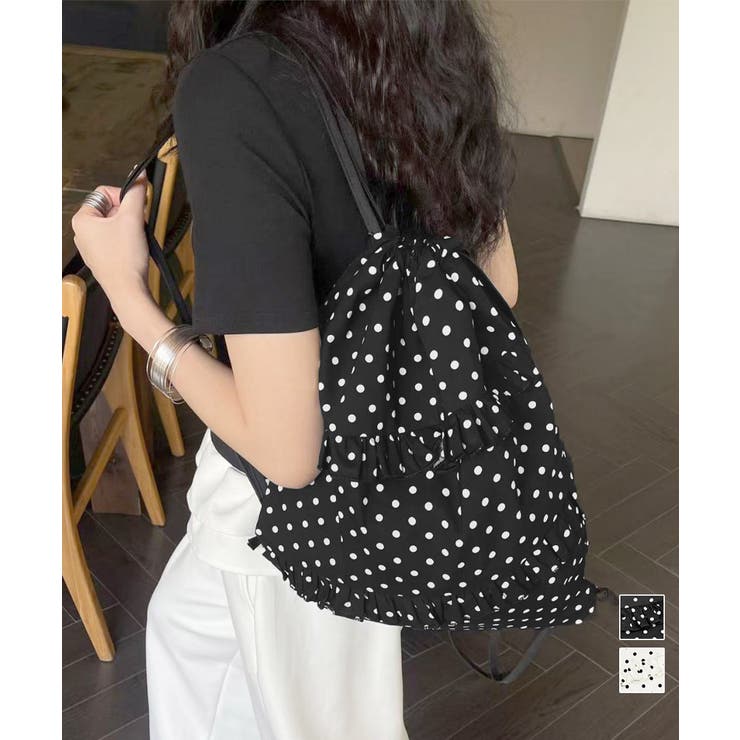 ドット柄ナップサックフリル巾着バッグ軽量 | Miniministore | 詳細画像1 