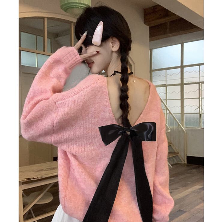 バックオープンリボンニットトップス韓国風 | Miniministore | 詳細画像19 