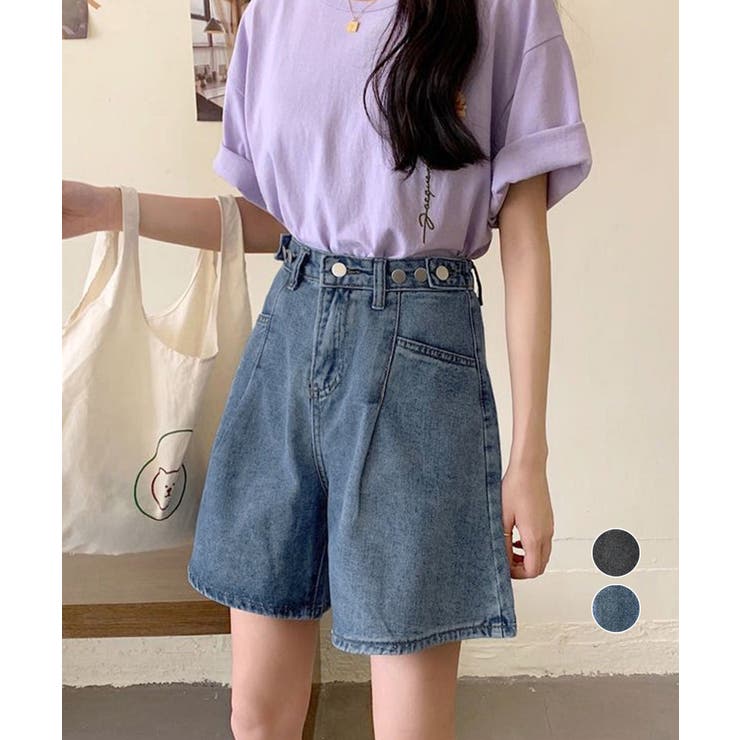 ウエスト調節可能デニムショートパンツ美脚[品番：II000012645