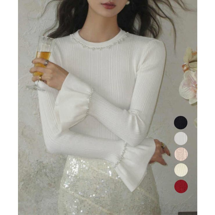 パール付きニットトップス フレアスリーブ | Miniministore | 詳細画像1 