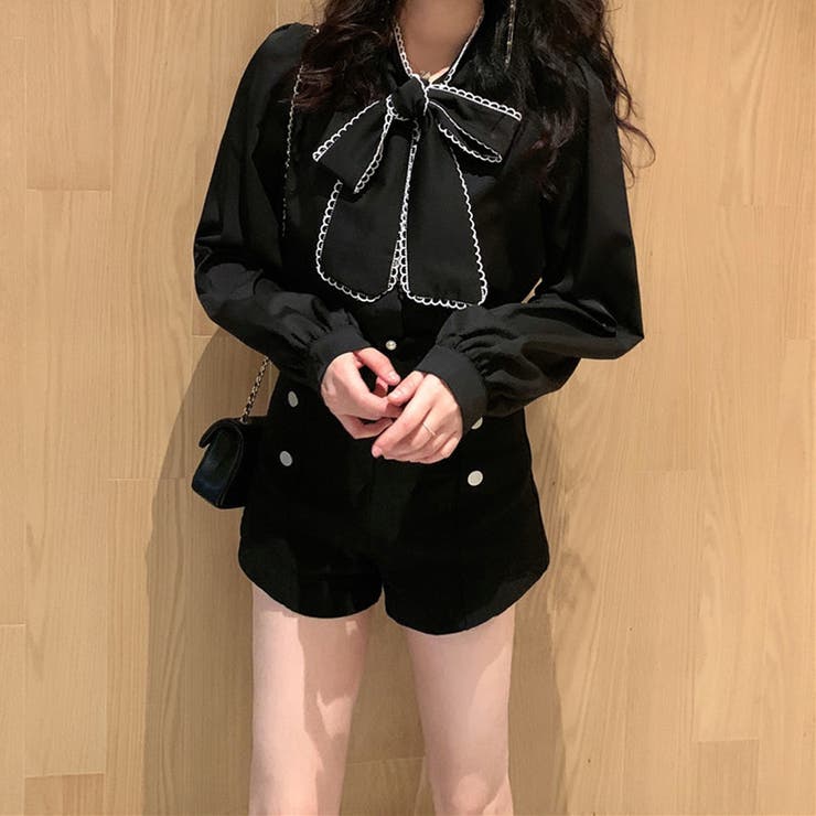 ボウタイブラウス 韓国リボンブラウス長袖[品番：II000008039