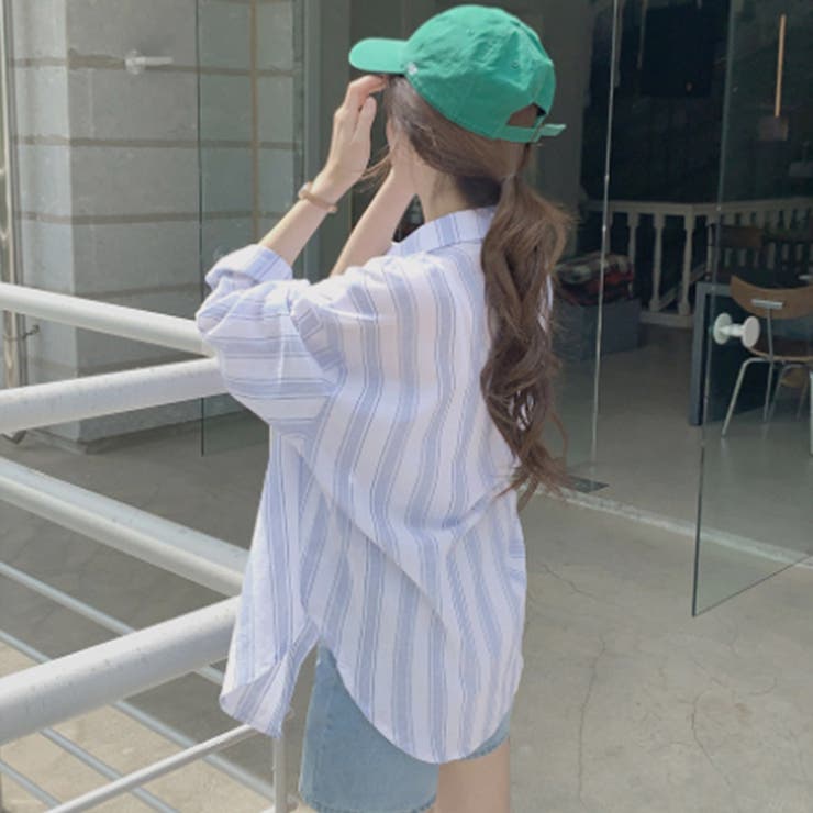 mutimer 短丈ストライプshirt ノンヘッジ non-hedge ストライプショートシャツ （ネイビー