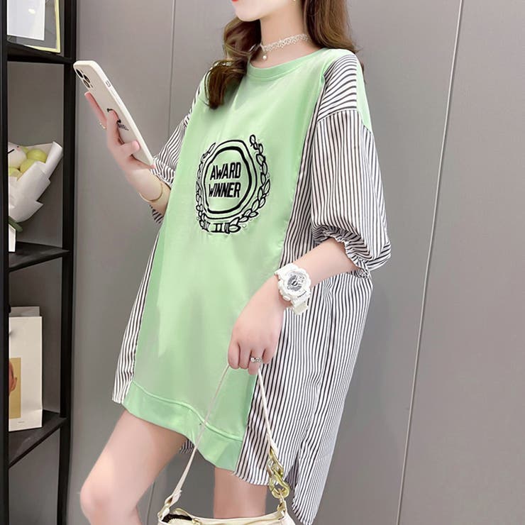 ロゴ チュニック 夏ロングTシャツ 半袖[品番：II000008969