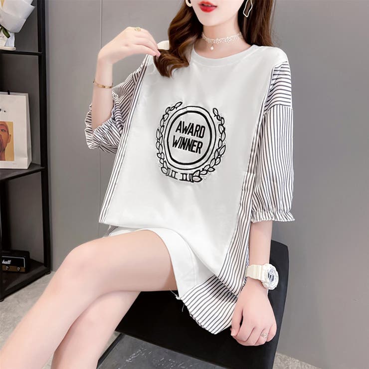 ロゴ チュニック 夏ロングTシャツ 半袖[品番：II000008969