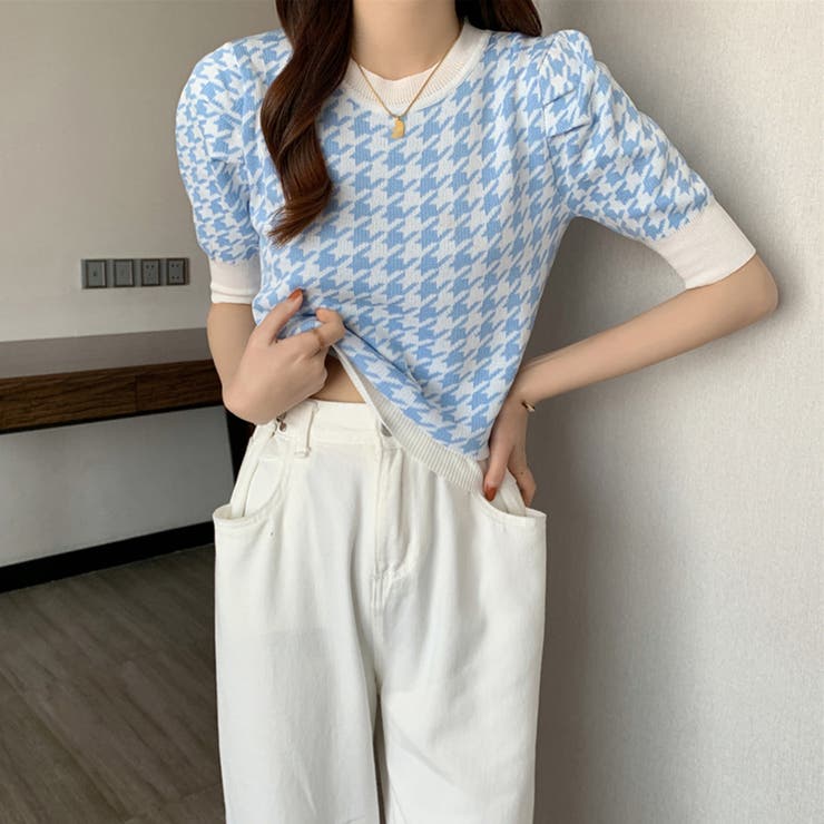 チドリ柄サマーニット レディース夏服半袖[品番：II000009045