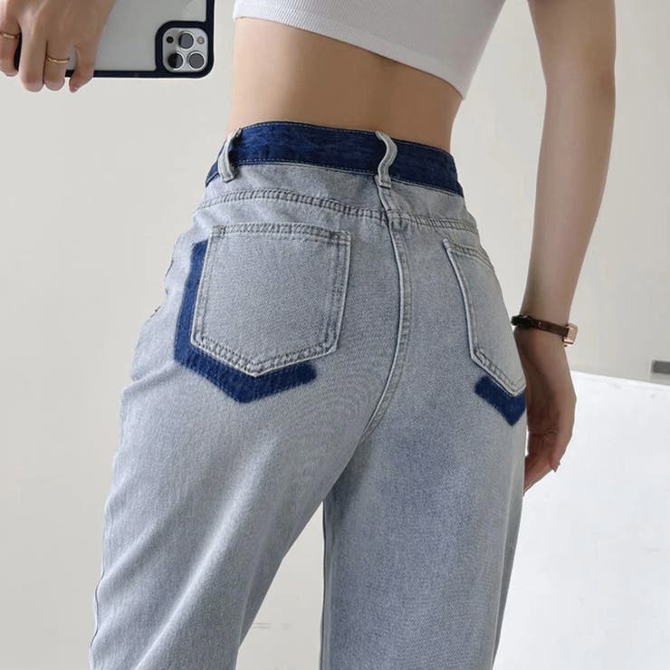 配色ストレートデニムパンツ ハイウエスト[品番：II000010341
