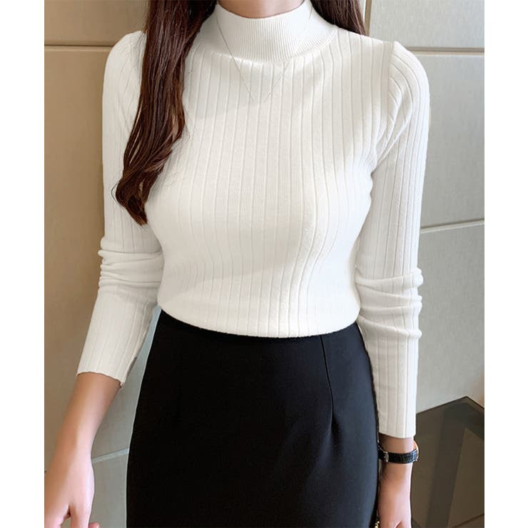 ホワイト | 韓国リブニットトップス ハイネック 長袖 | Miniministore