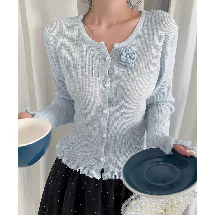 サマーニットカーディガン 花モチーフ付き[品番：AGCW0006734