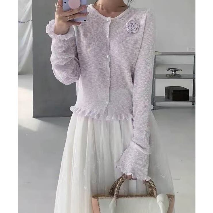 アトリエまりこ⭐️花モチーフが素敵なサマーニット／綿８０％ サマーニットカーディガン 花モチーフ付き[品番：AGCW0006734