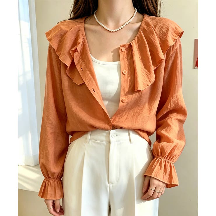 オレンジ | 前後2WAYきれいめシアートップスおしゃれ 韓国風フリルブラウスレディース長袖と… | SUNSHINE CLOSET