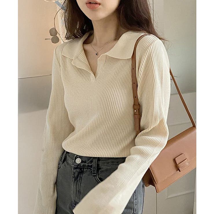 ベージュ | ポロニットトップス秋新作リブニット韓国風 | Miniministore