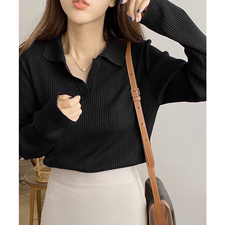 ブラック | ポロニットトップス秋新作リブニット韓国風 | Miniministore