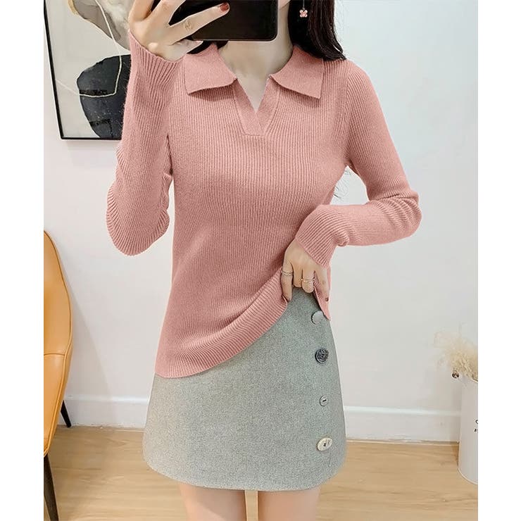 ピンク | ポロニットトップス秋新作リブニット韓国風 | Miniministore
