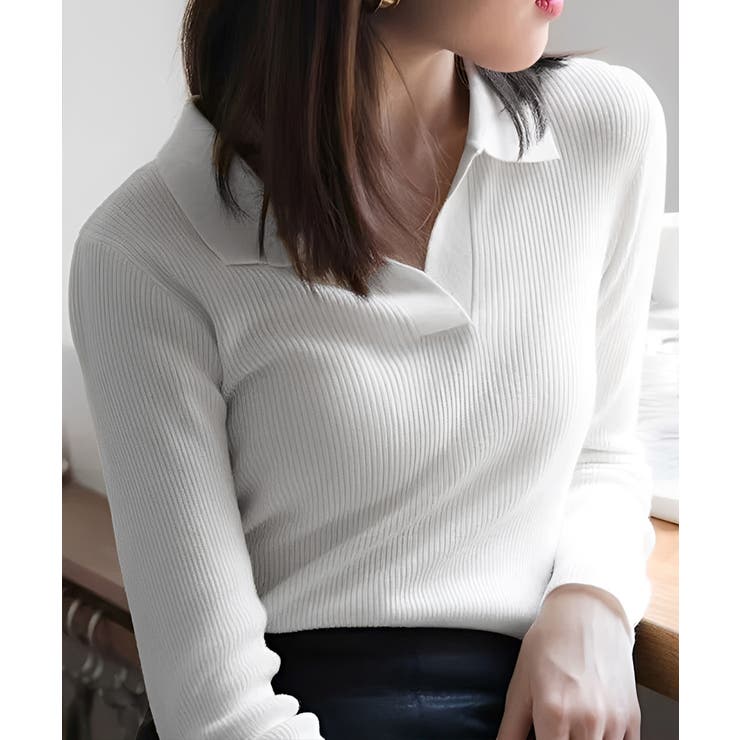 ホワイト | ポロニットトップス秋新作リブニット韓国風 | Miniministore