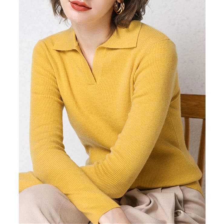 イエロー | ポロニットトップス秋新作リブニット韓国風 | Miniministore