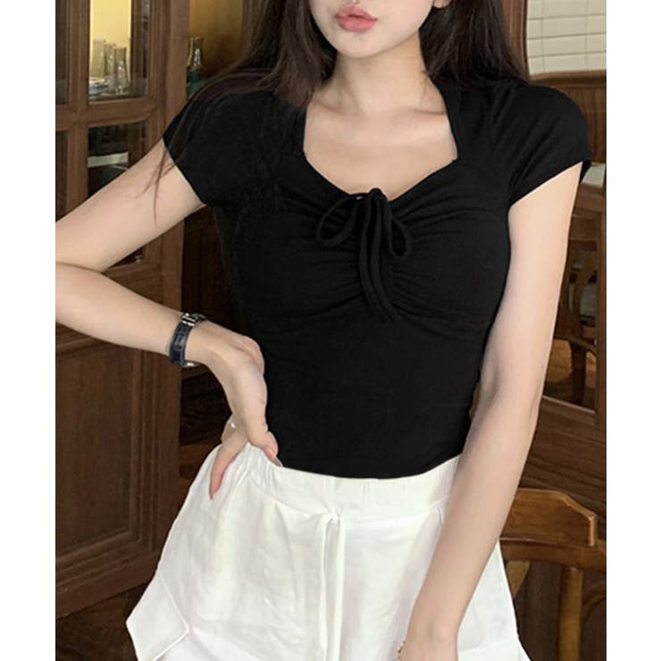 ブラック | フロントリボンTシャツ ギャザートップス | Miniministore