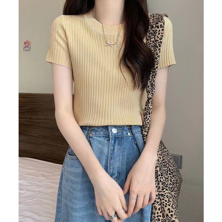 ライトベージュ | リブニットトップスサマーニット半袖春夏服 | Miniministore