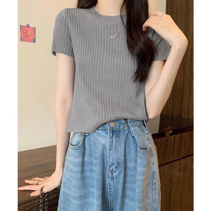 グレー | リブニットトップスサマーニット半袖春夏服 | Miniministore