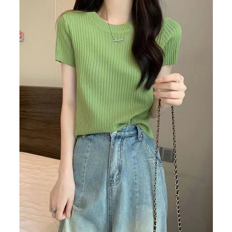 グリーン | リブニットトップスサマーニット半袖春夏服 | Miniministore