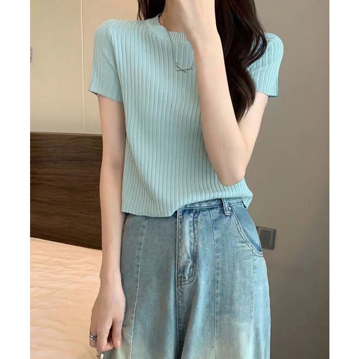 ライトブルー | リブニットトップスサマーニット半袖春夏服 | Miniministore