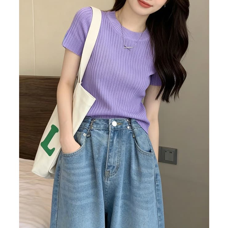 ラベンダー | リブニットトップスサマーニット半袖春夏服 | Miniministore