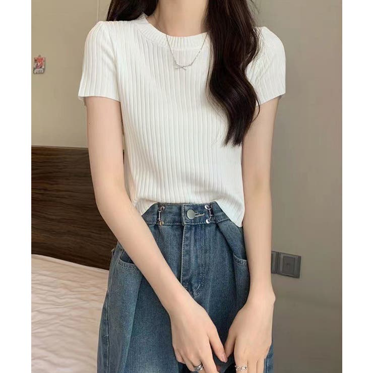 ホワイト | リブニットトップスサマーニット半袖春夏服 | Miniministore