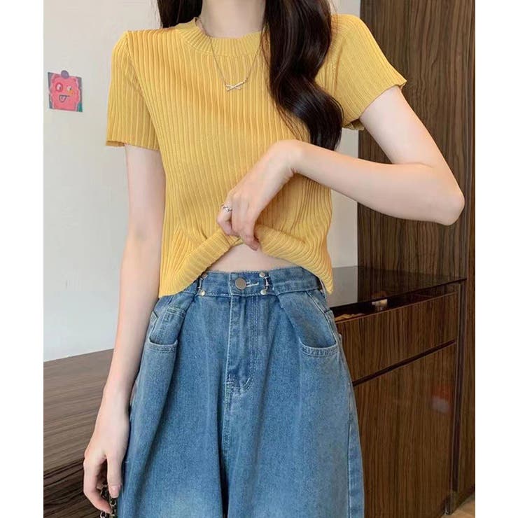 イエロー | リブニットトップスサマーニット半袖春夏服 | Miniministore