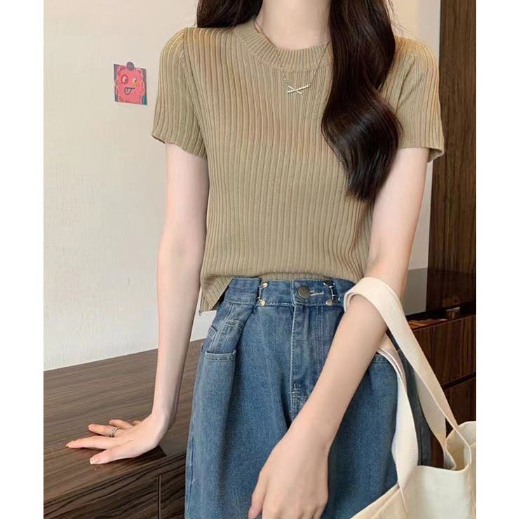 モカ | リブニットトップスサマーニット半袖春夏服 | Miniministore
