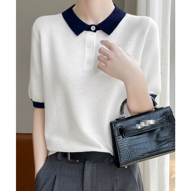ホワイト | 配色襟付き半袖 ポロニットトップス韓国風 | Miniministore