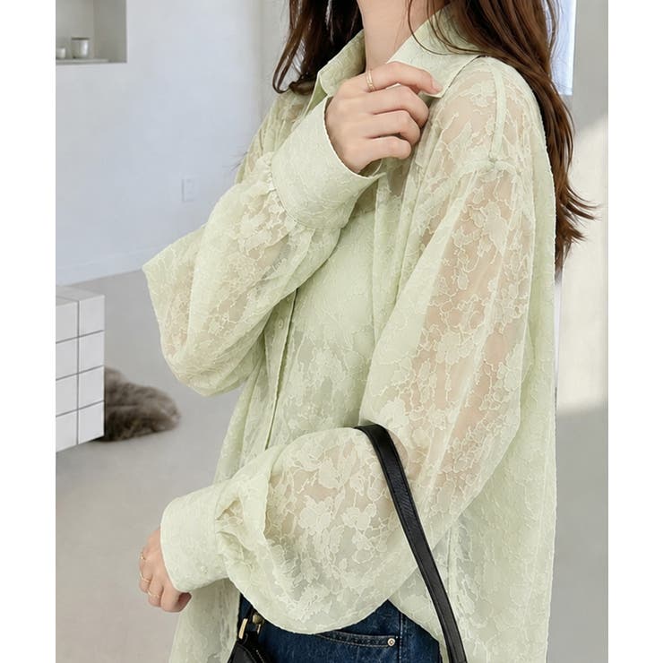 ミント | 花柄ジャガードフラワー 透け感トップス 長袖羽織り | SUNSHINE CLOSET