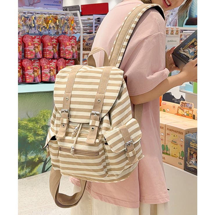 ベージュ | ボーダー柄リュックサックフラップリュック | Miniministore