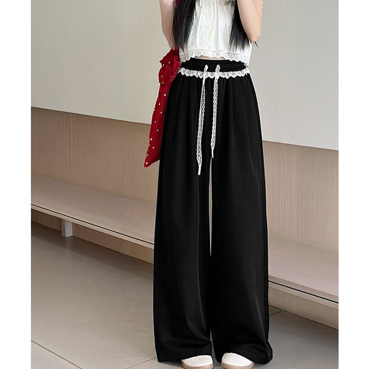 ブラック | レース付きワイドパンツ イージーパンツ夏 | Miniministore