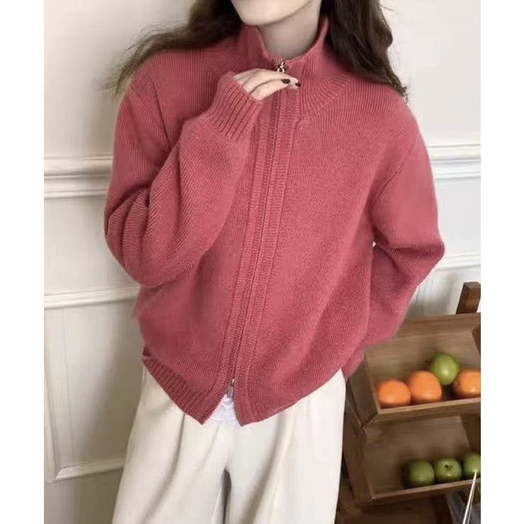 チェリーピンク | ダブルジップニットカーディガンレディース | Miniministore