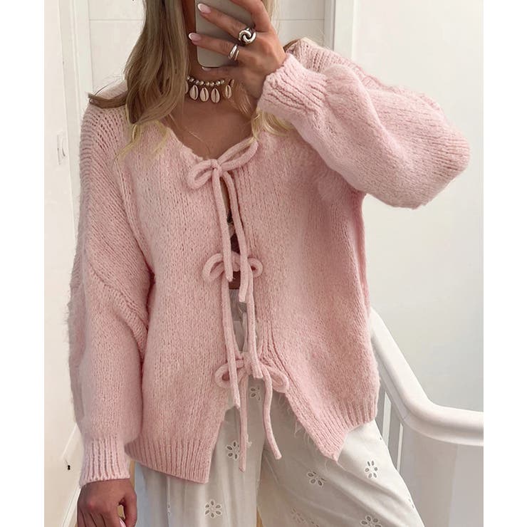 ピンク | リボンカーディガン前後2WAYニット春秋 | Miniministore
